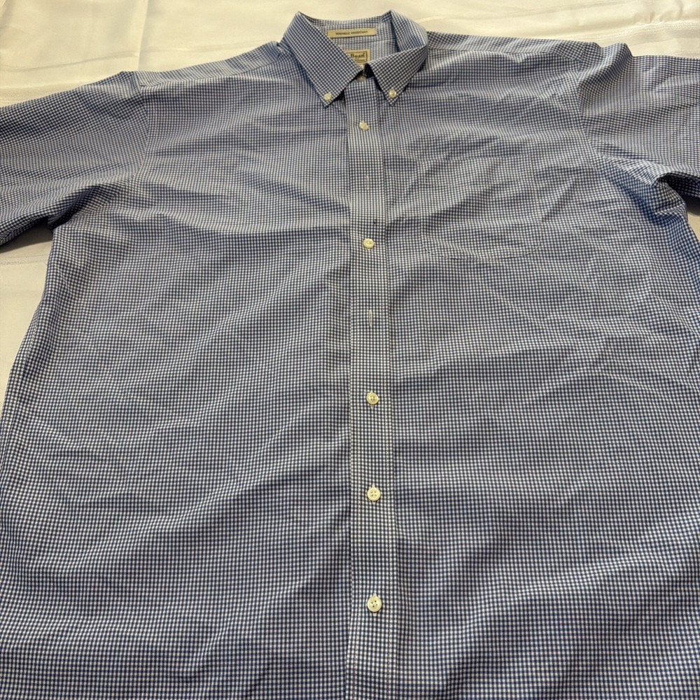 LL Bean Mens XL Tall Blue Gingham Wrinkle Resistant Short Sleeve Button Shirt